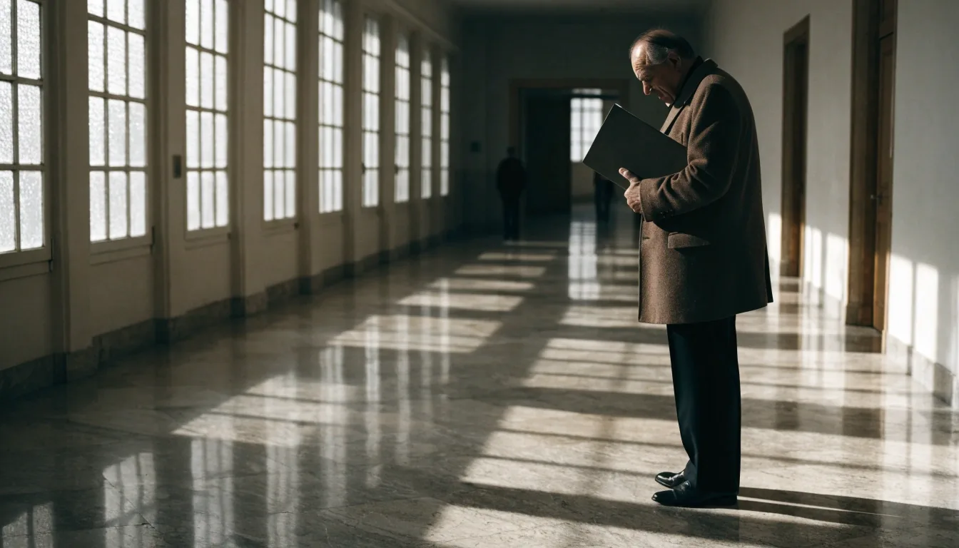 Persona mayor esperando en el vestíbulo de un edificio administrativo con la documentación de su expediente