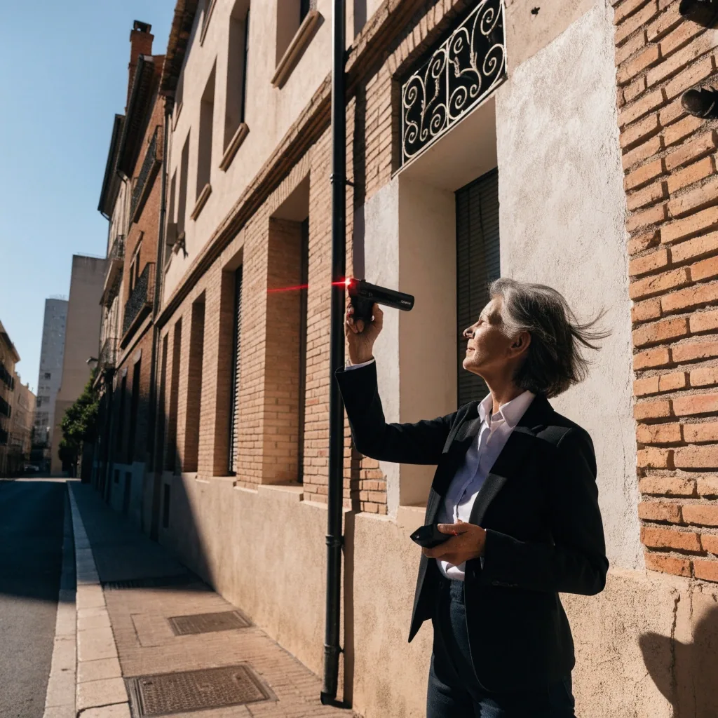 Tasadora homologada midiendo la fachada de un edificio de viviendas en Valencia antes de emitir el informe de tasación