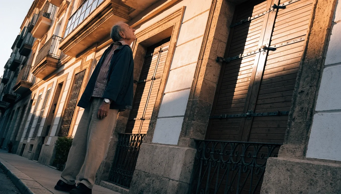 Un hombre mayor observa la fachada de su vivienda en una calle residencial de Valencia