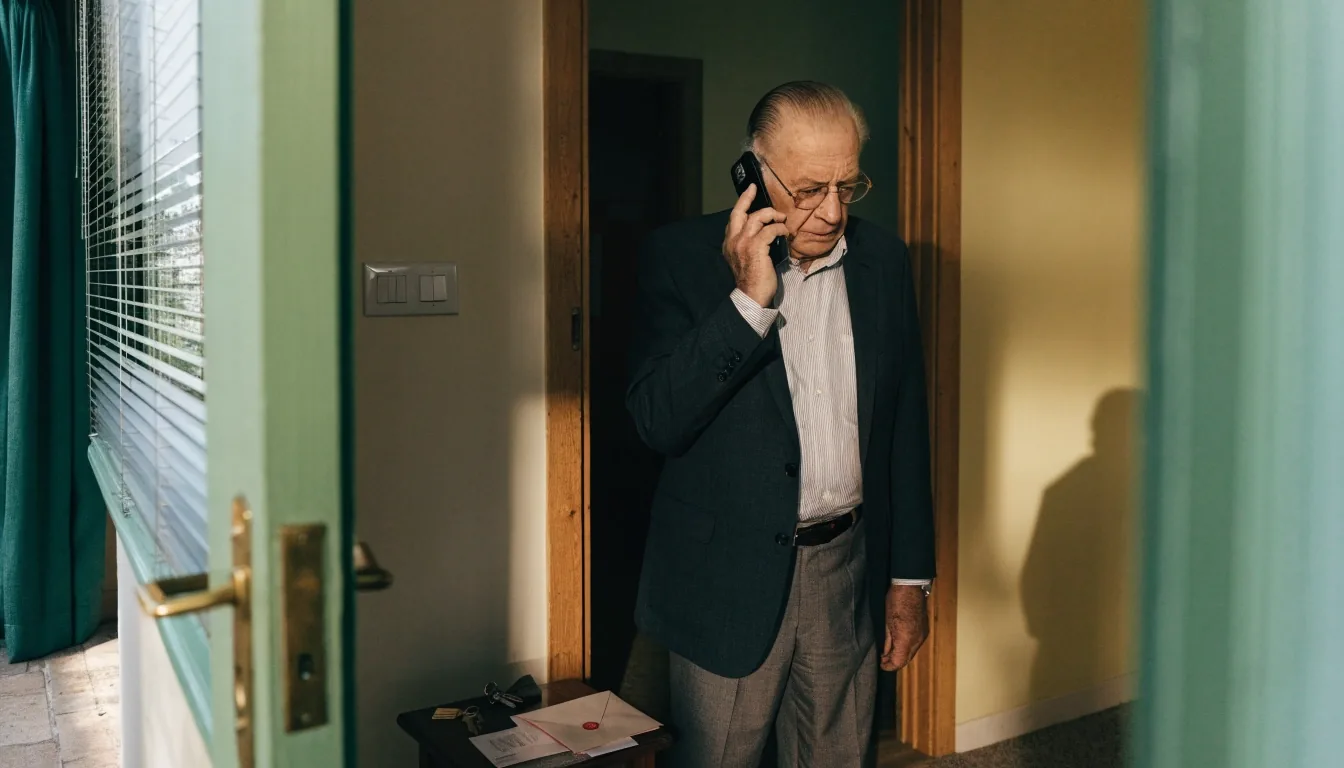 Pareja mayor conversando en el salón de su vivienda en Valencia