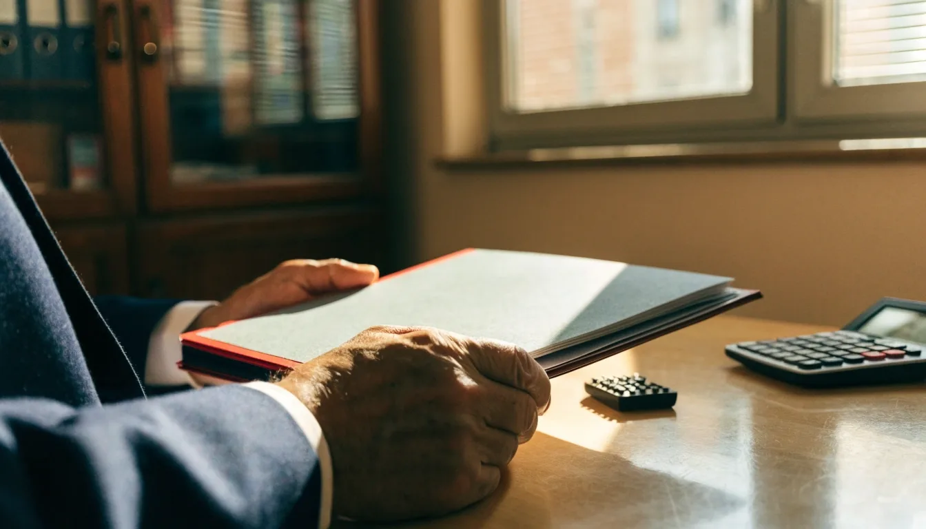 Mesa de despacho notarial en Valencia con carpetas de documentación ordenadas