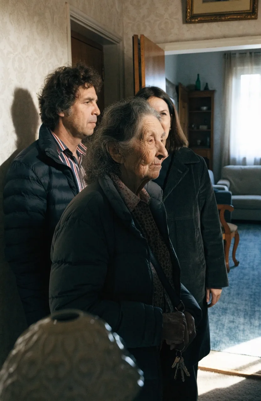 Hijos adultos sentados con su madre en casa para hablar de la vivienda y de la liquidación futura