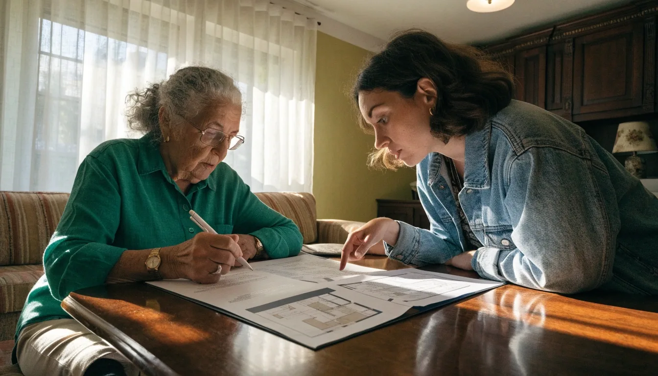 Propietaria mayor revisando los documentos de su vivienda con su hija en el salón de casa