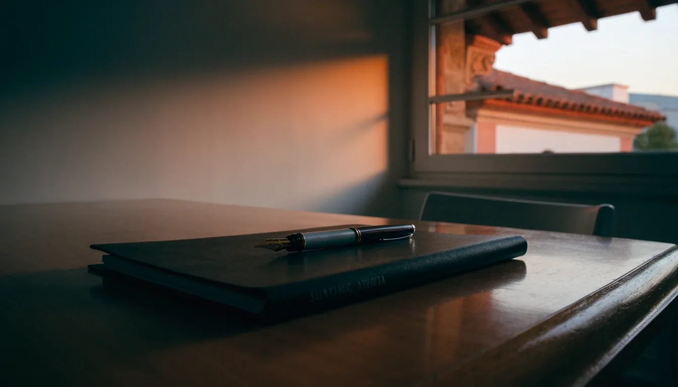 Escritorio de casa con documentación del sitio en la penumbra