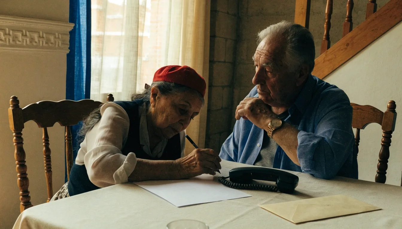 Pareja mayor en casa revisando un documento en la mesa del comedor