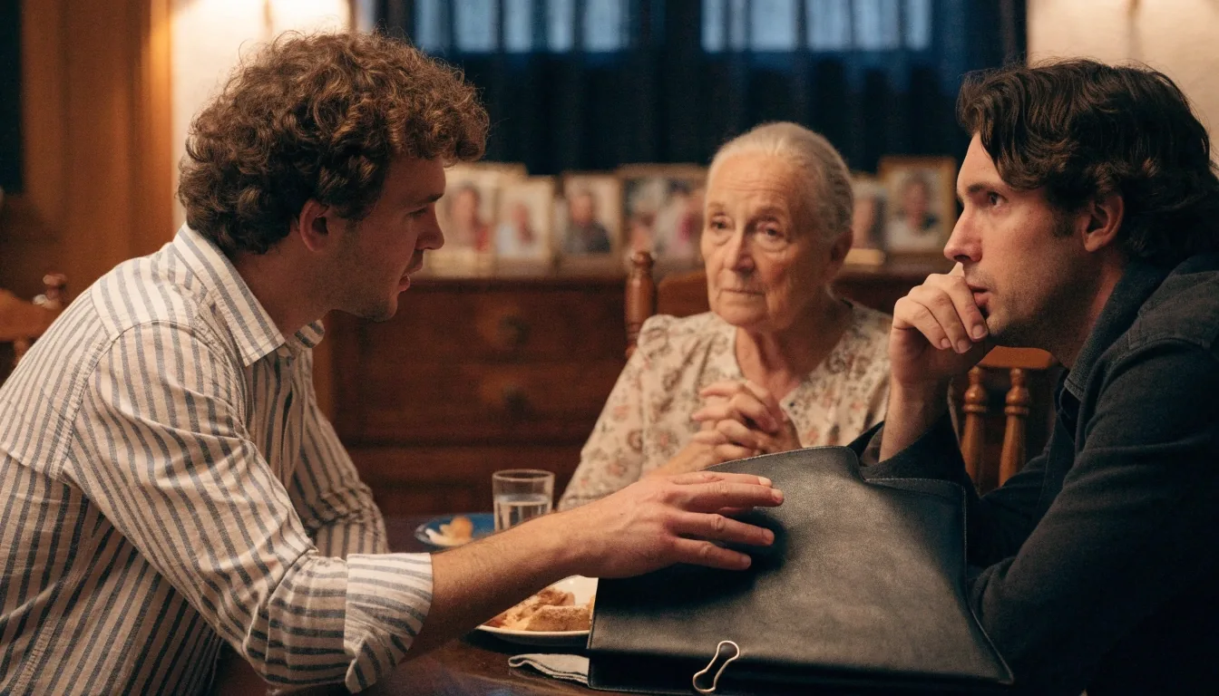 Hermanos adultos conversando con su madre mayor en el comedor de casa sobre la documentación familiar