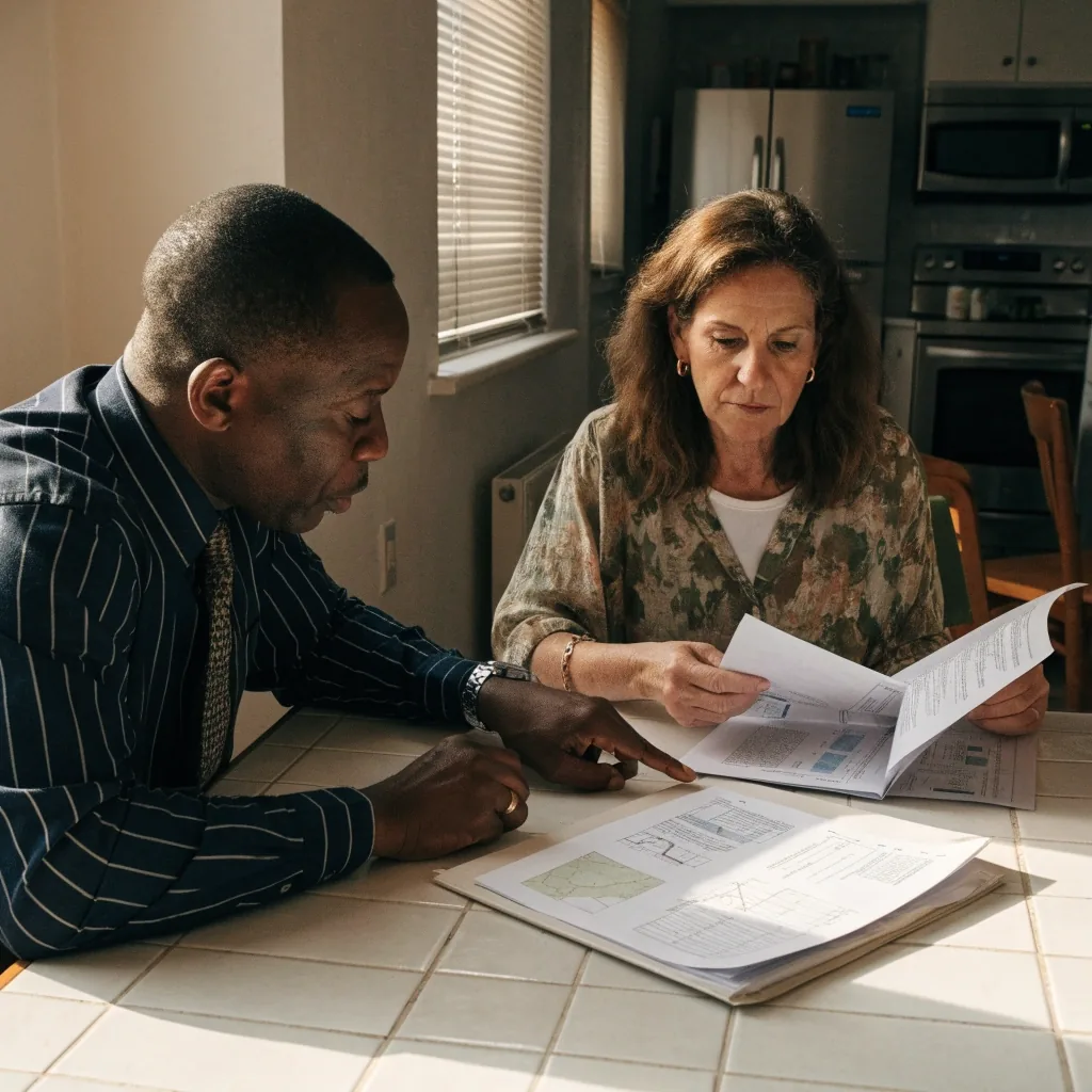 Dos adultos revisando juntos documentación de una vivienda en una cocina